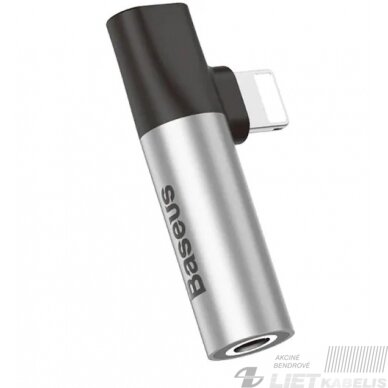 Adapteris IP Lightning kištukas - 3.5mm stereo lizdas, su krovimo galimybe sidabrinis/juodas BASEUS Adapteris IP Lightning kištukas - 3.5mm stereo lizdas, su krovimo galimybe sidabrinis/juodas BASEUS