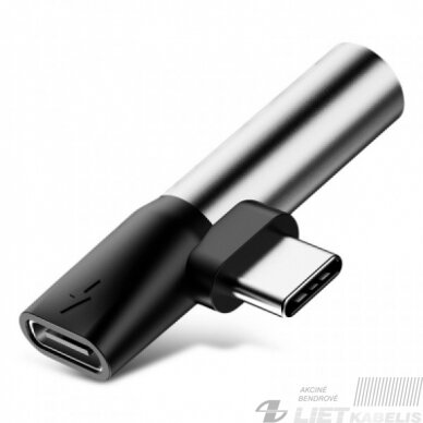 Adapteris USB C kištukas - 3.5mm stereo lizdas, su krovimo galimybe sidabrinis/juodas BASEUS 1 Adapteris USB C kištukas - 3.5mm stereo lizdas, su krovimo galimybe sidabrinis/juodas BASEUS 1