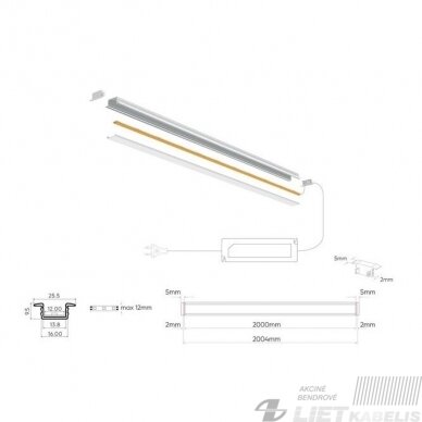 LED profilis baltas su dangteliu laikikliu ir akle, įleidžiamas, 2m, LEDLine 1