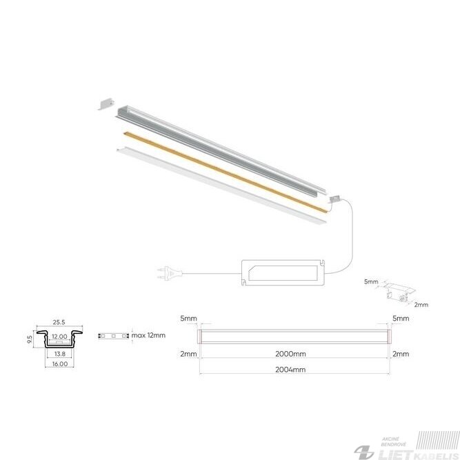 LED profilis baltas su dangteliu laikikliu ir akle, įleidžiamas, 2m, LEDLine 1 LED profilis baltas su dangteliu laikikliu ir akle, įleidžiamas, 2m, LEDLine 1