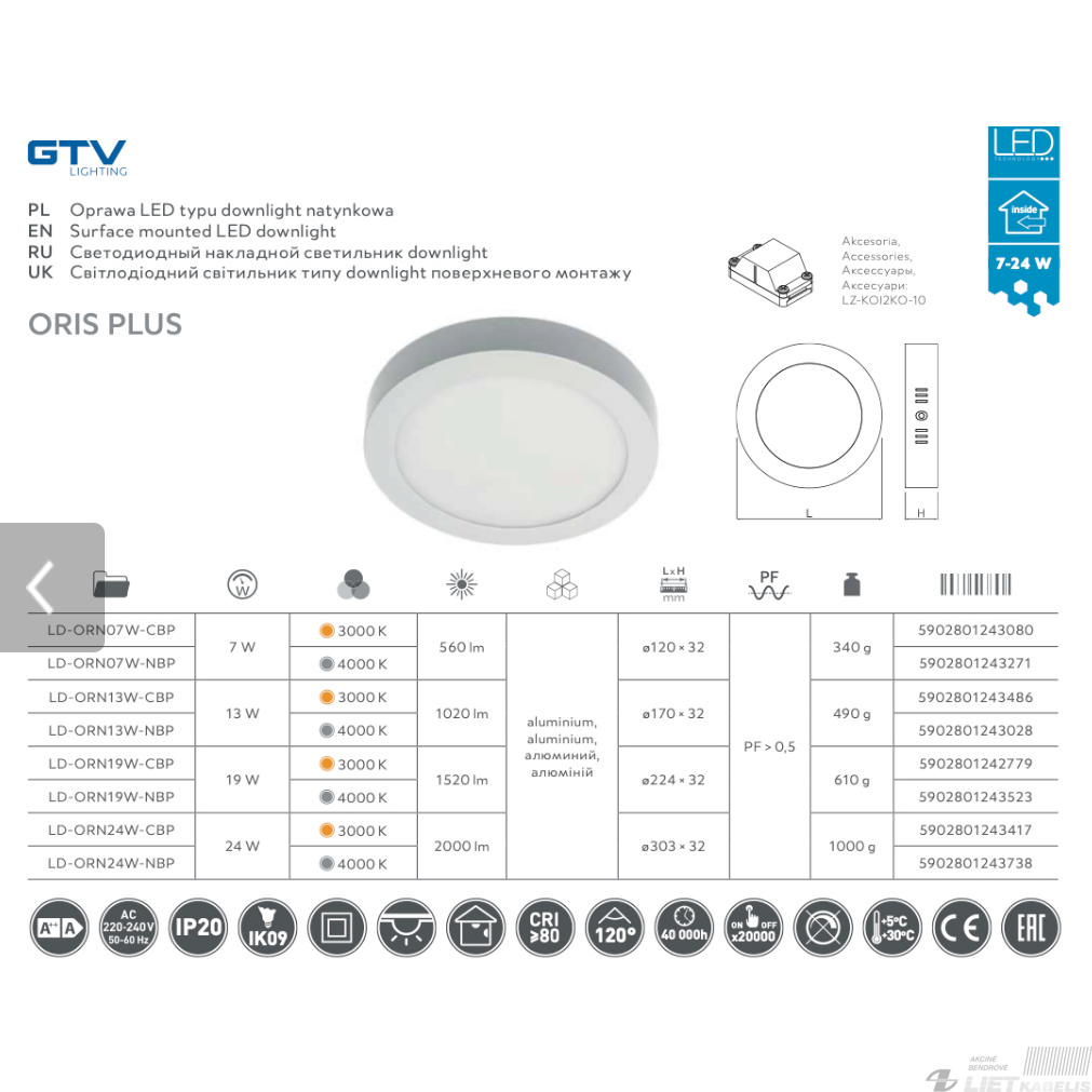 LED šviestuvas Oris plus 24W, 4000K, 2000Lm, IP20, apvalus pridedamas, GTV 1