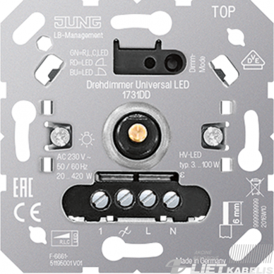 Apšvietimo reguliatorius 3-100W, 1731DD, kaitrinėms ir LED lemputėms, potinkinis, JUNG Apšvietimo reguliatorius 3-100W, 1731DD, kaitrinėms ir LED lemputėms, potinkinis, JUNG