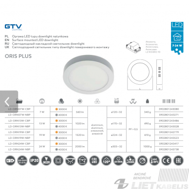 LED šviestuvas Oris plus 24W, 4000K, 2000Lm, IP20, apvalus pridedamas, GTV 1