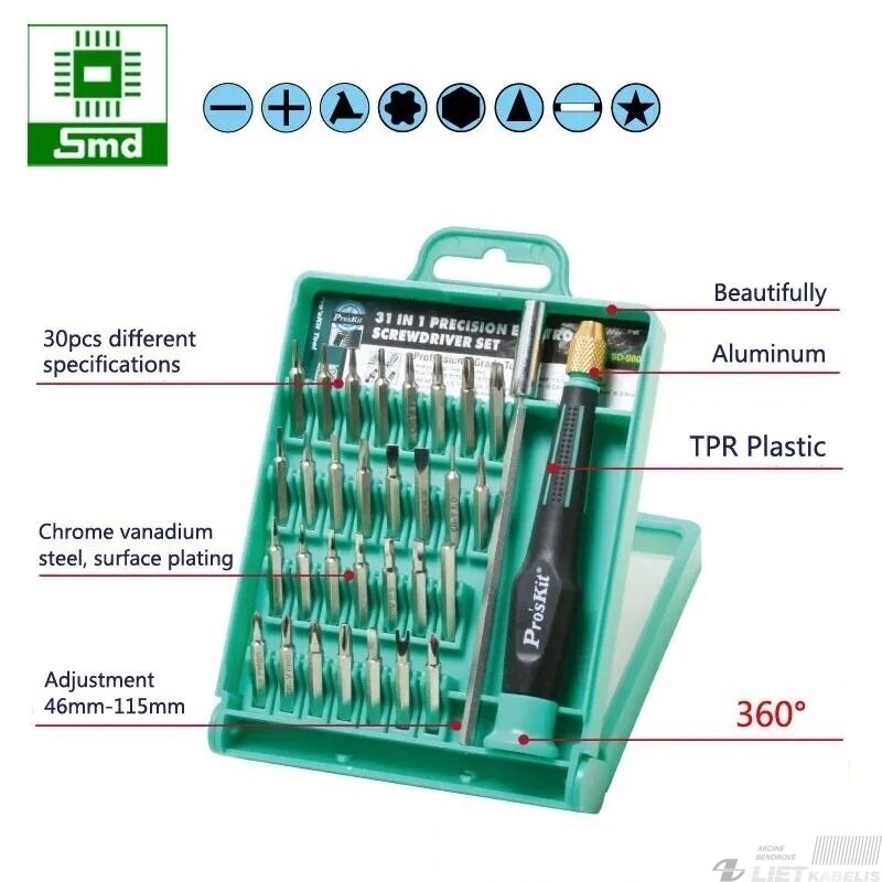 Atsuktuvas su keičiamais antgaliais SD-9802 31vnt, PROSKIT Atsuktuvas su keičiamais antgaliais SD-9802 31vnt, PROSKIT