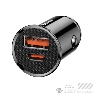 Automobilinis įkroviklis 12-24V USB ir USB-C greitas įkrovimas QC4.0 SCP, 30W, juodas Automobilinis įkroviklis 12-24V USB ir USB-C greitas įkrovimas QC4.0 SCP, 30W, juodas