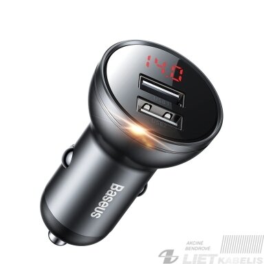 Automobilio įkroviklis 12-24V, 2xUSB, 24W, LED ekranas, Baseus Automobilio įkroviklis 12-24V, 2xUSB, 24W, LED ekranas, Baseus