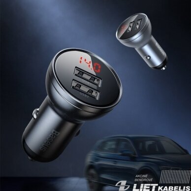 Automobilio įkroviklis 12-24V, 2xUSB, 24W, LED ekranas, Baseus 1