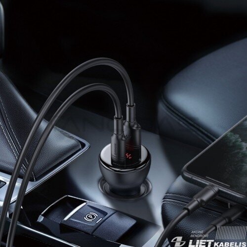 Automobilio įkroviklis 12-24V, 2xUSB, 24W, LED ekranas, Baseus 2
