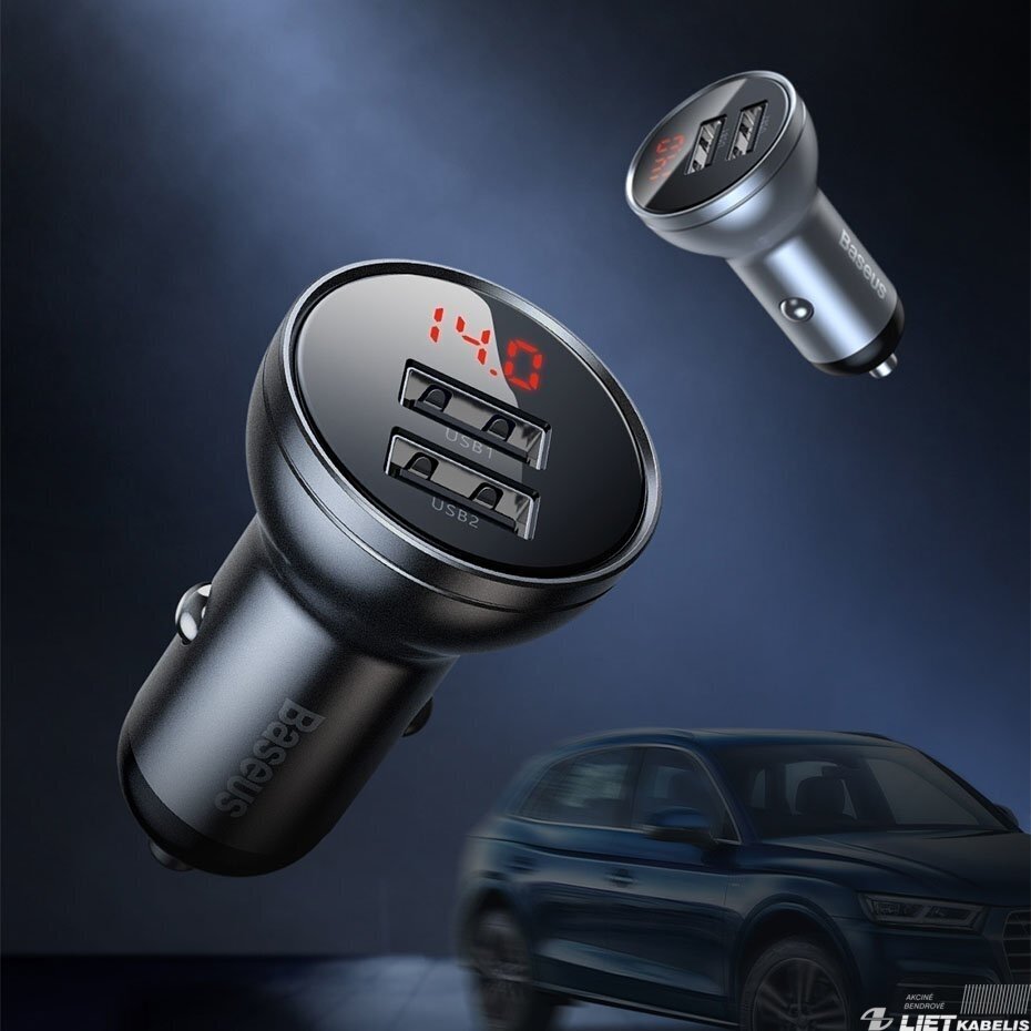 Automobilio įkroviklis 12-24V, 2xUSB, 24W, LED ekranas, Baseus 1