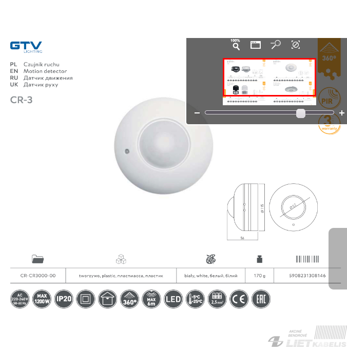 Daviklis judesio CR-3 360°, 300W, IP20, GTV 1 Daviklis judesio CR-3 360°, 300W, IP20, GTV 1