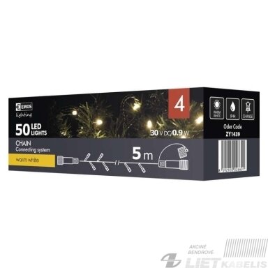 Elektrinė girlianda, 50LED lempučių ,ZY1439 IP44, be maitinimo šaltinio, šiltai balta