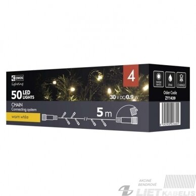 Elektrinė girlianda, 50LED lempučių ,ZY1439 IP44, be maitinimo šaltinio, šiltai balta