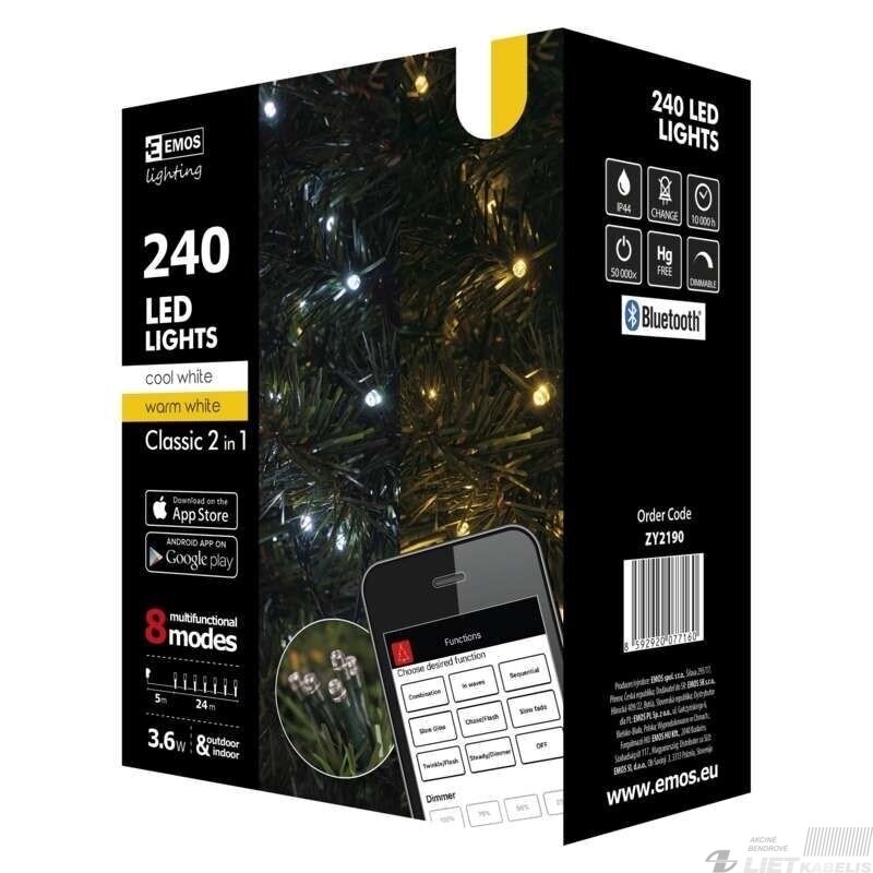 Elektrinė girlianda, 240LED lempučių ,ZY2190 IP44, šaltai/šiltai balta, valdoma Bluetooth, 1