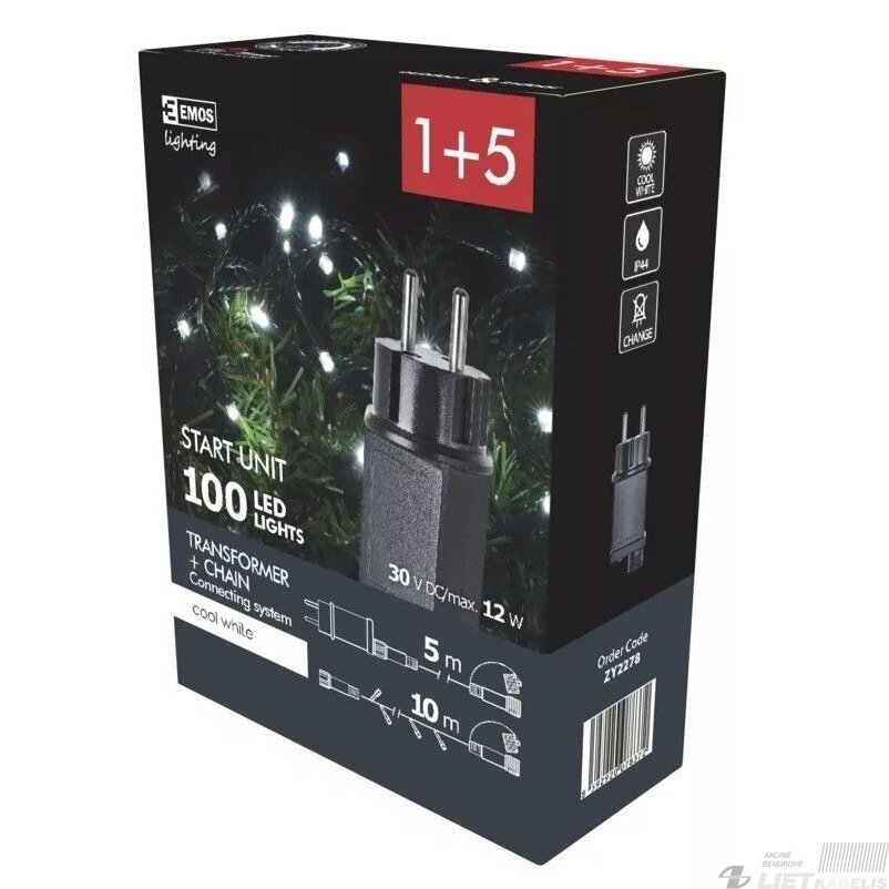 Elektrinė girlianda 100LED lempučių, ZY2278 IP44, šaltai balta 1 Elektrinė girlianda 100LED lempučių, ZY2278 IP44, šaltai balta 1