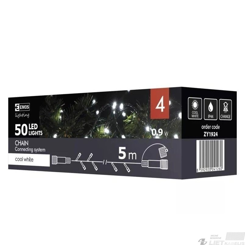 Elektrinė girlianda, 50LED lempučių, ZY1924 IP44 šaltai balta, be maitinimo šaltinio Elektrinė girlianda, 50LED lempučių, ZY1924 IP44 šaltai balta, be maitinimo šaltinio