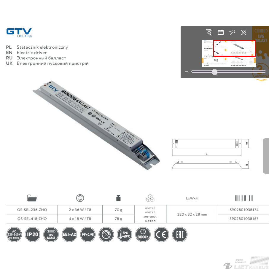 Elektroninis droselis, SEL418-00 4x18W GTV 1 Elektroninis droselis, SEL418-00 4x18W GTV 1
