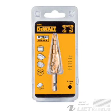 Grąžtas pakopinis DT5027-QZ 6-18mm, šešiakampis, Dewalt 1 Grąžtas pakopinis DT5027-QZ 6-18mm, šešiakampis, Dewalt 1