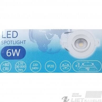 LED šviestuvas įleidžiamas, apvalus 6W, 4000K, 550Lm, IP20,Tungsram 3