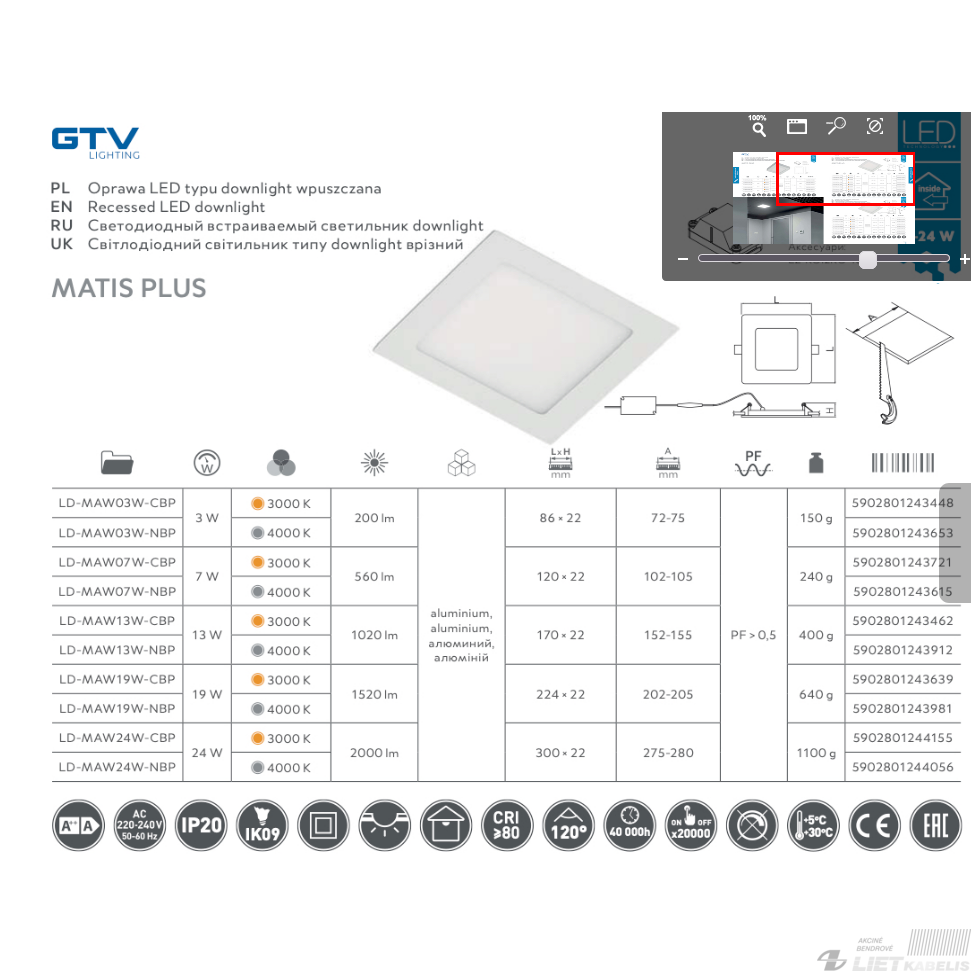 LED šviestuvas Matis plus įleidžiamas, kvadratinis  19W, 4000K, 1520Lm, IP44,GTV 1