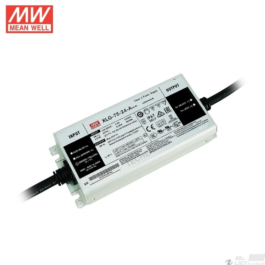 Impulsinis maitinimo šaltinis LED 24V 3,1A XLG-75-24 reguliuojamas IP67, MEAN WELL Impulsinis maitinimo šaltinis LED 24V 3,1A XLG-75-24 reguliuojamas IP67, MEAN WELL