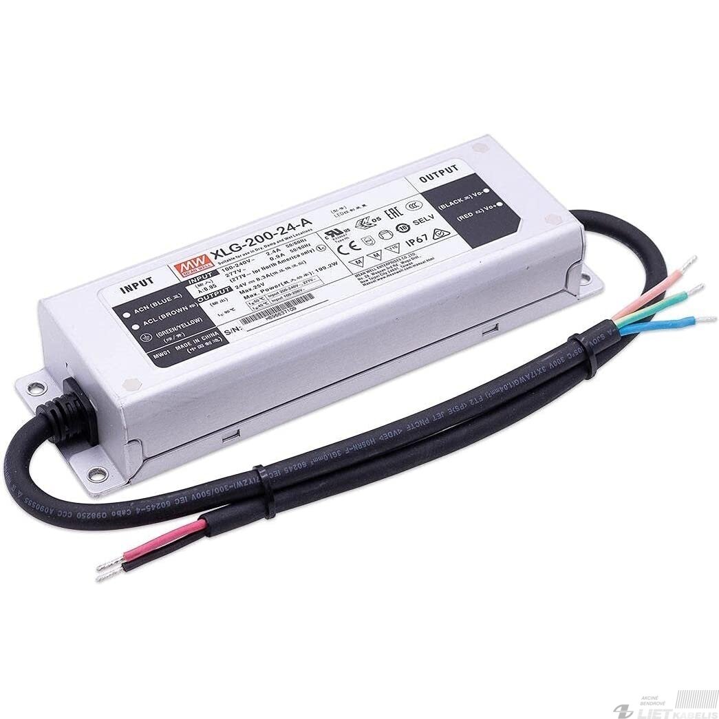 Impulsinis maitinimo šaltinis LED 200W, 24V, 8,3A, IP67, MEAN WELL Impulsinis maitinimo šaltinis LED 200W, 24V, 8,3A, IP67, MEAN WELL