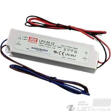 Impulsinis maitinimo šaltinis LED LPV-35-12, 12V, 3A, IP67, Mean Well Impulsinis maitinimo šaltinis LED LPV-35-12, 12V, 3A, IP67, Mean Well