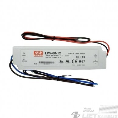 Impulsinis maitinimo šaltinis LPV-60-12 LED, 12V, 5A, IP67, MEAN WELL Impulsinis maitinimo šaltinis LPV-60-12 LED, 12V, 5A, IP67, MEAN WELL