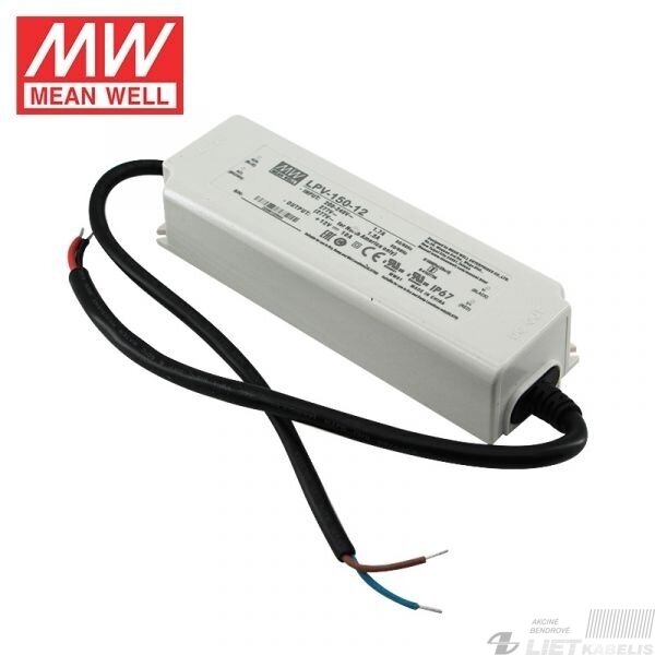 Impulsinis maitinimo šaltinis LED 12V, 150W, 10A, IP67, MEAN WELL