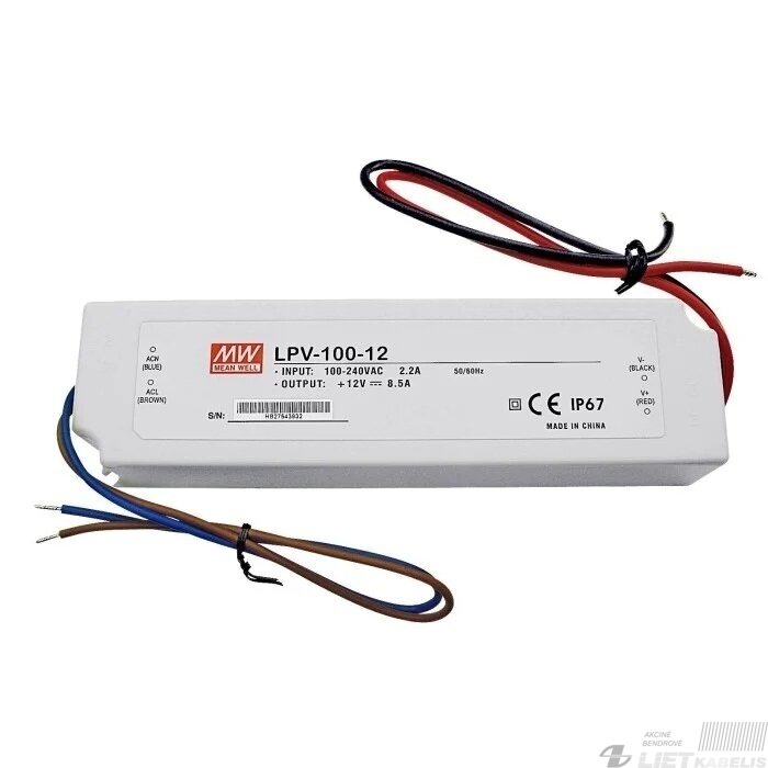 Impulsinis maitinimo šaltinis LED, 12V, 8.5A, 100W, IP67, MEAN WELL Impulsinis maitinimo šaltinis LED, 12V, 8.5A, 100W, IP67, MEAN WELL