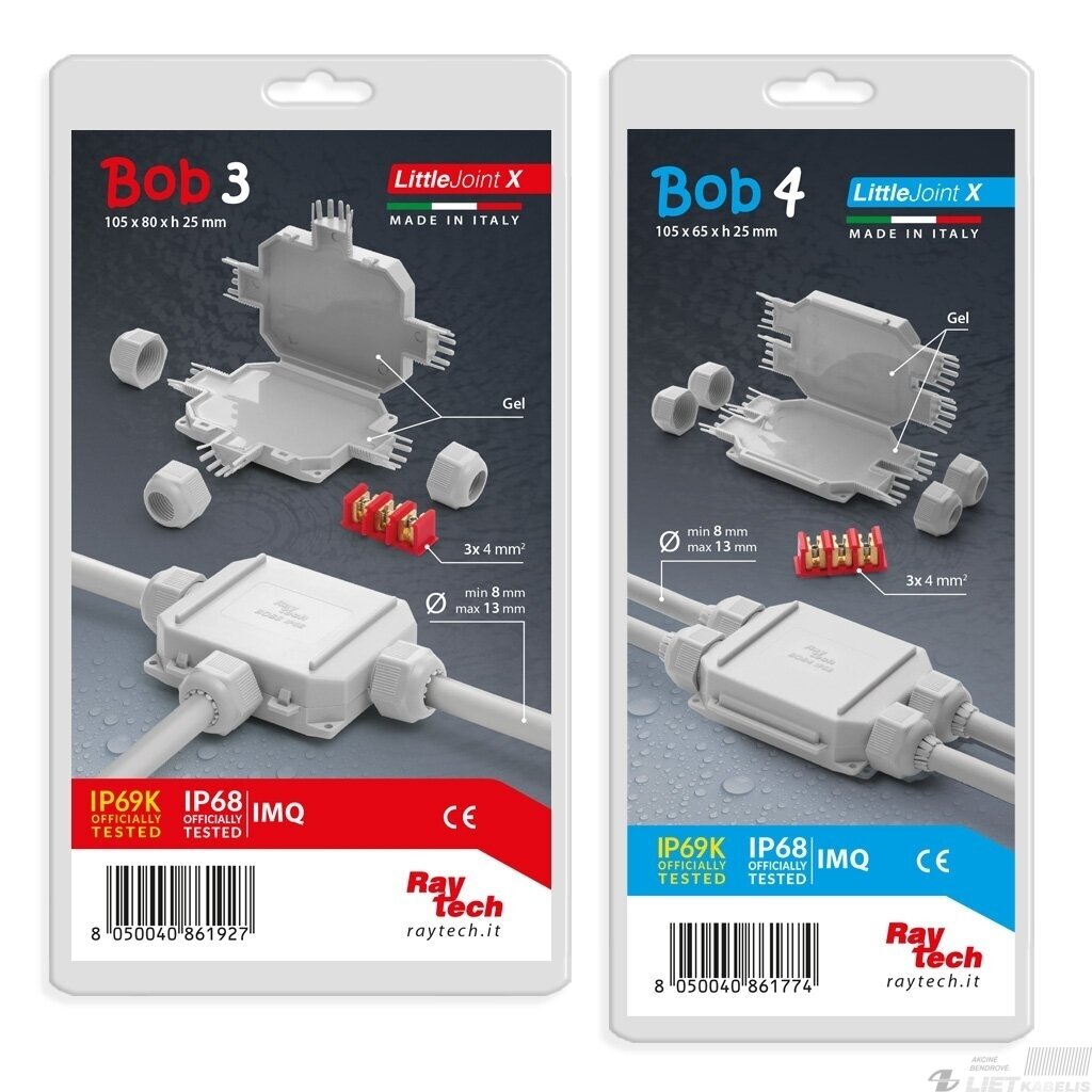 Jungtis gelinė,BOB 3 3x4mm²pilka IP68, Raytech