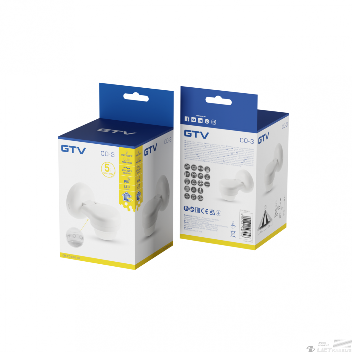 Judesio/būvio daviklis CO-3 360°, 1200W, 24m,baltas, IP65, GTV