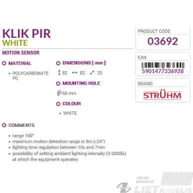 Judesio daviklis Klik Pir 500W, potinkinis, baltas, Struhm 1 Judesio daviklis Klik Pir 500W, potinkinis, baltas, Struhm 1