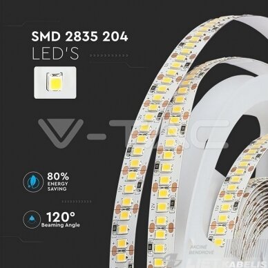 Juosta LED 17W/m, 12V, 204LED/m, 3000K, 1700Lm/1m, V-TAC 3 Juosta LED 17W/m, 12V, 204LED/m, 3000K, 1700Lm/1m, V-TAC 3