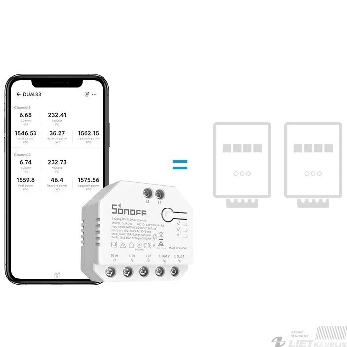 Jungiklis išmanusis Wi-Fi  2x1650W, 2kanalų, SONOFF 1