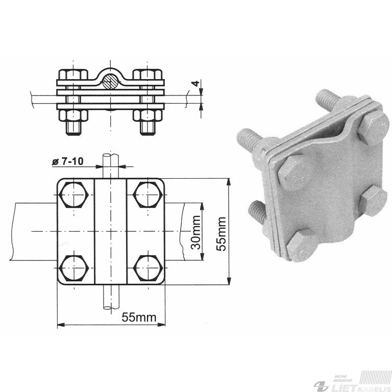 Jungt kryžm iki 30mm juostai ir vielai Rd10mm su plokštele