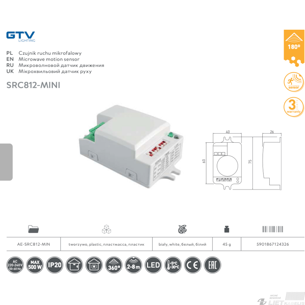 Judesio daviklis SRC812 Mini, 1200W, 180°/360°, IP20, GTV 1