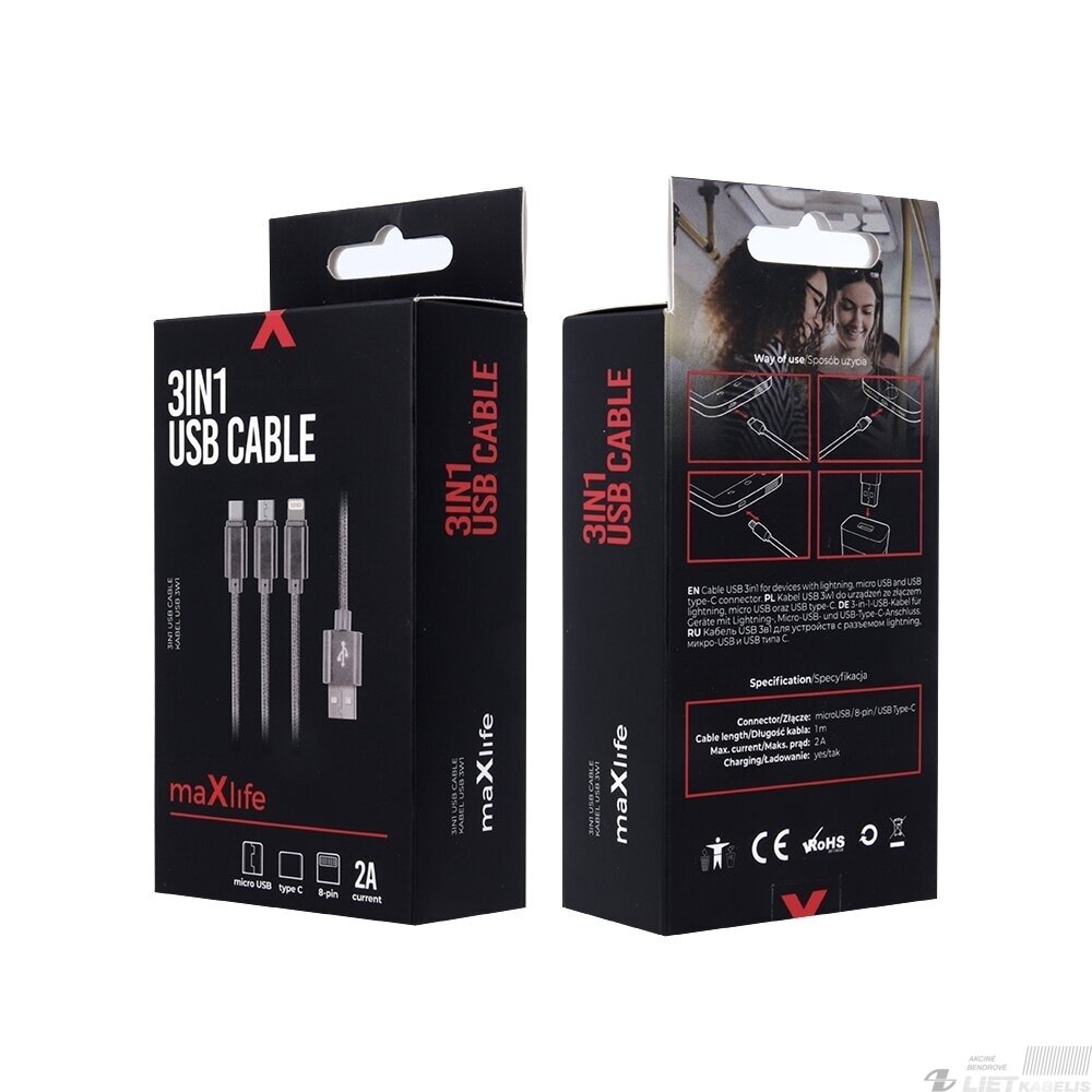 Kabelis USB2.0 A kištukas 3in1 LXMICRO015 MAXLIFE Kabelis USB2.0 A kištukas 3in1 LXMICRO015 MAXLIFE