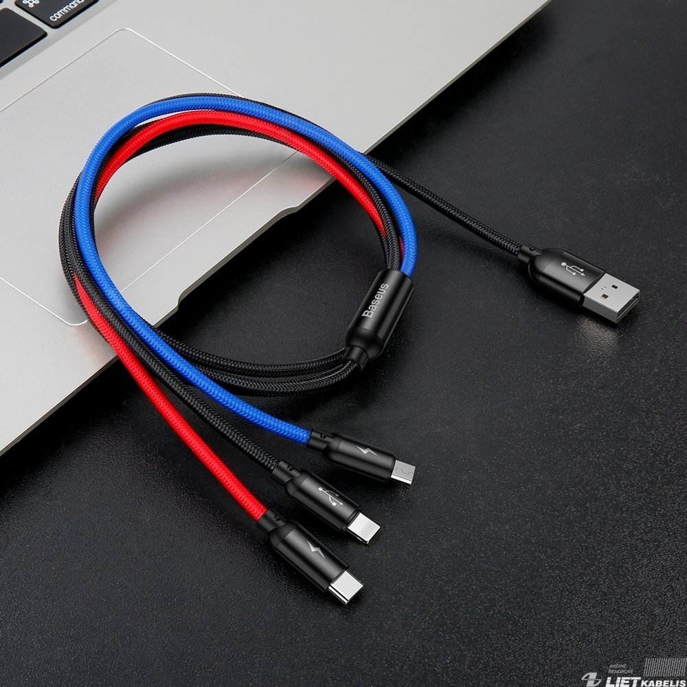 Kabelis USB2.0 A kištukas ir 3 kištukai (USB C, micro USB, lightning) juodas BASEUS 1