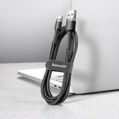 Kabelis USB2.0 A kištukas - USB C kištukas, 2.0m QC3.0 su nailoniniu šarvu Cafule pilkas/juodas BASEUS