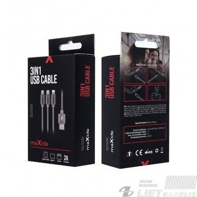 Kabelis USB2.0 A kištukas 3in1 LXMICRO015 MAXLIFE Kabelis USB2.0 A kištukas 3in1 LXMICRO015 MAXLIFE