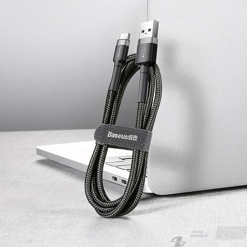 Kabelis USB2.0 A kištukas - USB C kištukas, 2.0m QC3.0 su nailoniniu šarvu Cafule pilkas/juodas BASEUS