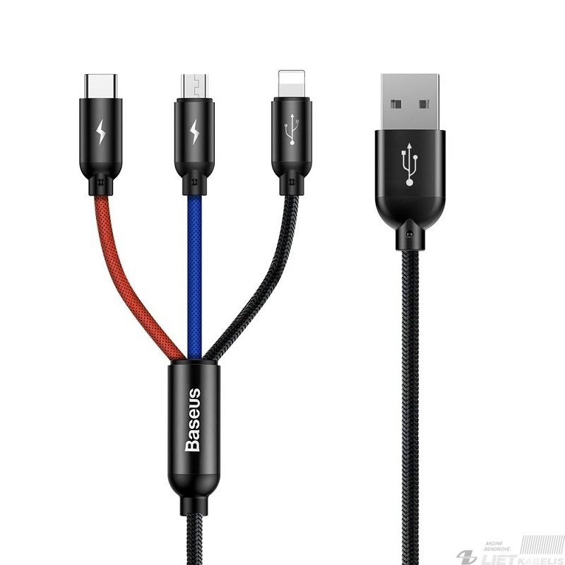 Kabelis USB2.0 A kištukas ir 3 kištukai (USB C, micro USB, lightning) juodas BASEUS Kabelis USB2.0 A kištukas ir 3 kištukai (USB C, micro USB, lightning) juodas BASEUS