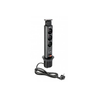 Kištukinis lizdas 3vietų 2xUSB įleidžiamas stalo, 3500W, 16A, 1,5m, IP20, GTV Kištukinis lizdas 3vietų 2xUSB įleidžiamas stalo, 3500W, 16A, 1,5m, IP20, GTV