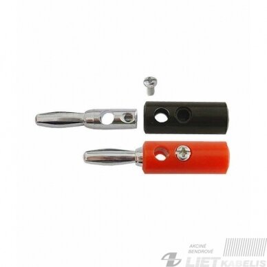 Kištukas bananinis 4mm, 50V, 6A, juodas/raudas Kištukas bananinis 4mm, 50V, 6A, juodas/raudas
