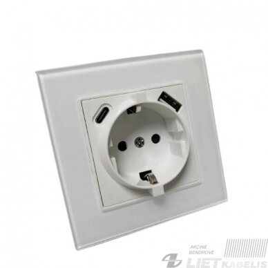 Kištukinis lizdas + USB+USB (C tipo) 2,4A, potinkinis, baltas stiklas, Vintage