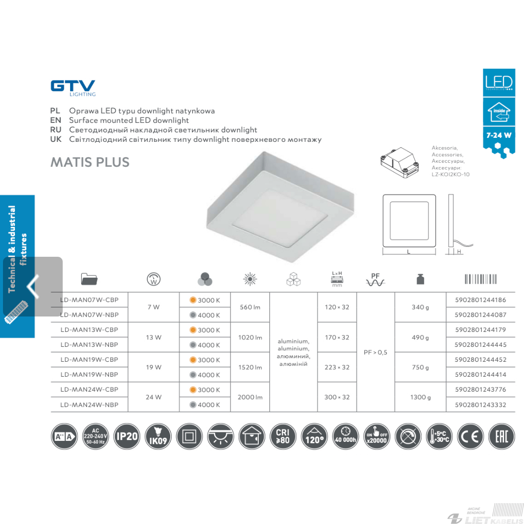LED šviestuvas Matis pridedamas kvadratinis, 19W, 3000K, 1520LM, GTV 1 LED šviestuvas Matis pridedamas kvadratinis, 19W, 3000K, 1520LM, GTV 1