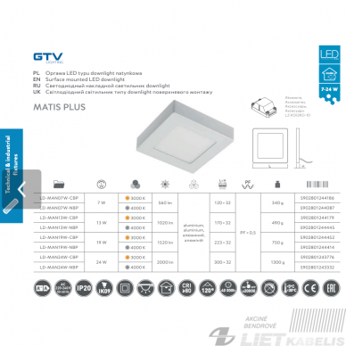LED šviestuvas Matis pridedamas kvadratinis, 19W, 3000K, 1520LM, GTV 1 LED šviestuvas Matis pridedamas kvadratinis, 19W, 3000K, 1520LM, GTV 1