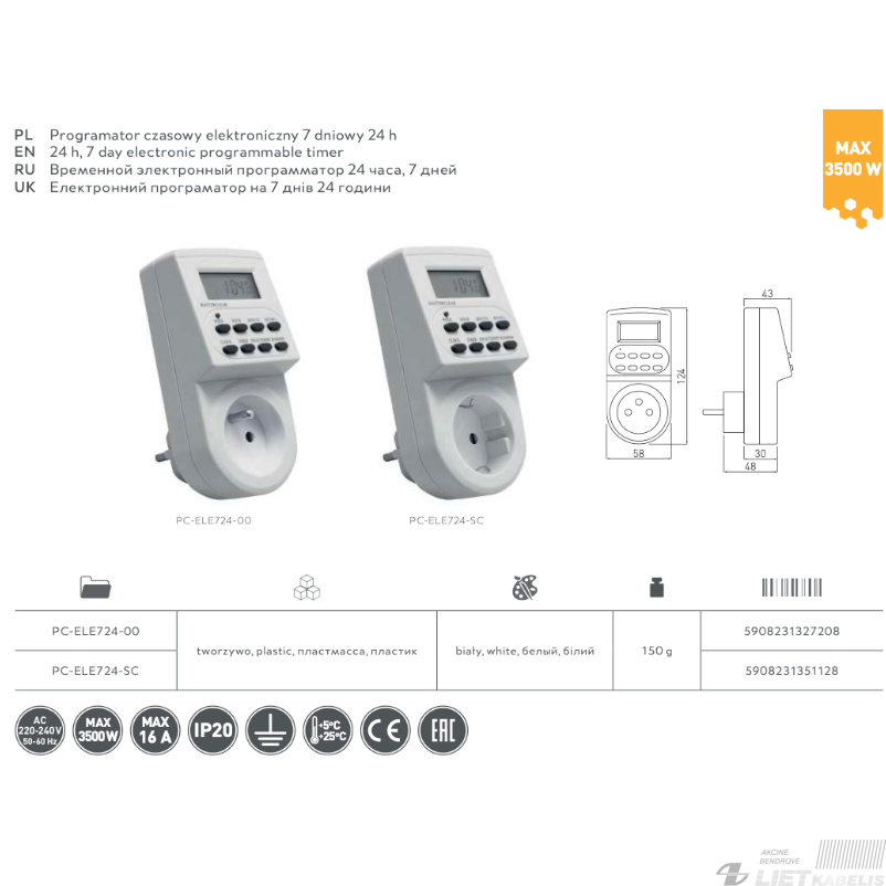 Laiko rėlė 7d. elektrinė PC-ELE724-SC GTV 1