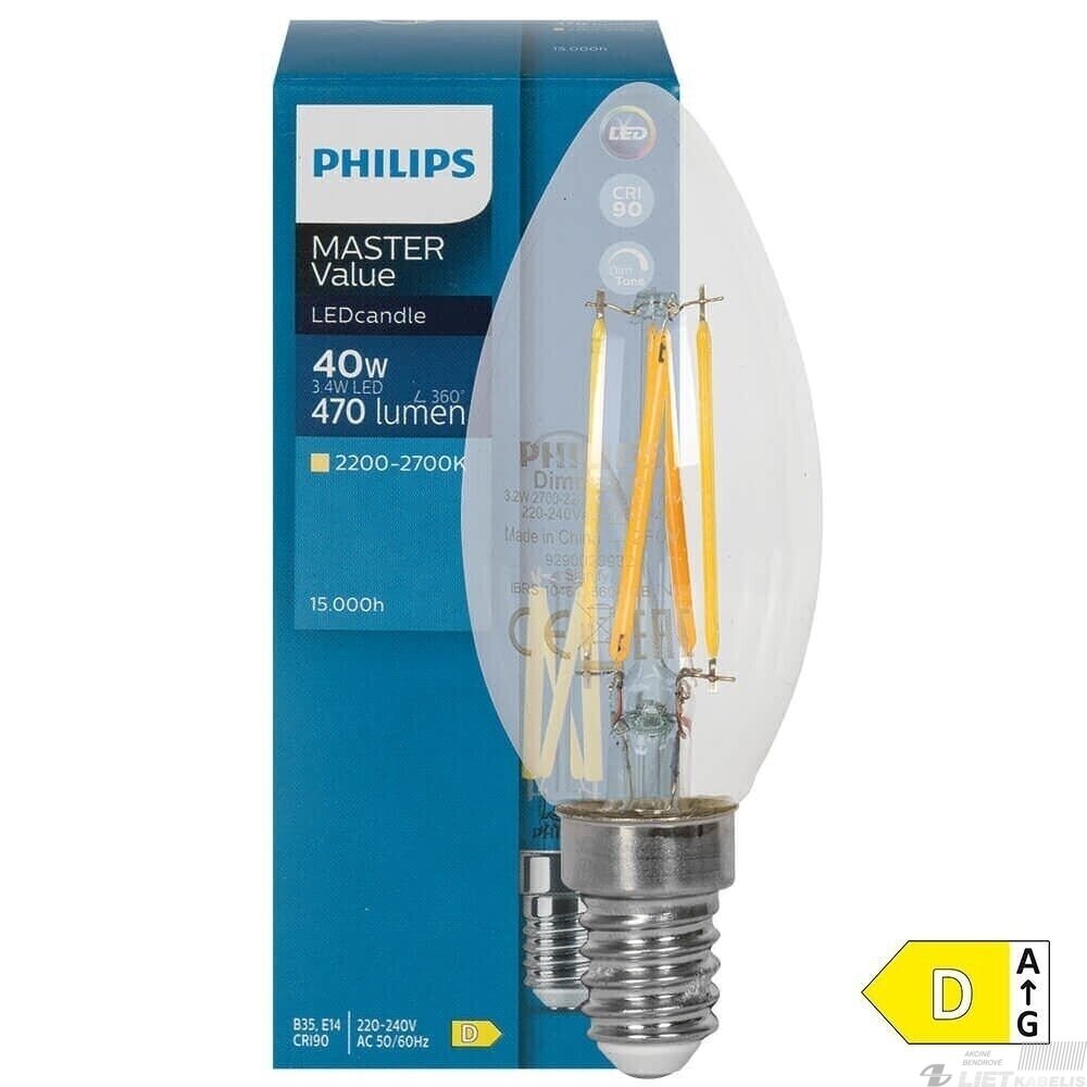 LED lempa filamentinė  3.4W, E14, 2700K, 470lm, dimeriuojama, PHILIPS 1