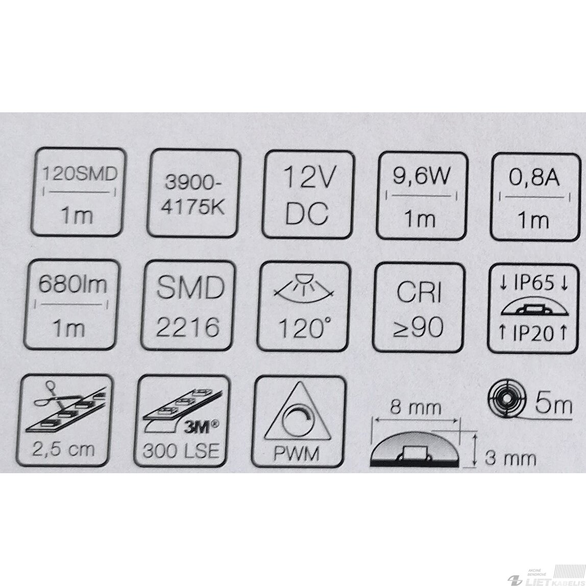 LED juosta 9,6W/m, 680Lm/m, 12V, 4000K, IP65, LEdline 2